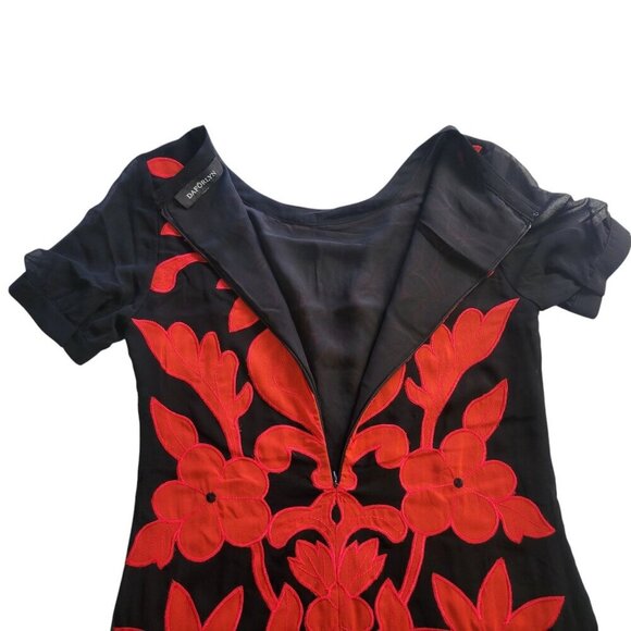 Daforlyn 100% Silk Mini Dress Size XS Black Red Floral Applique Semi Sheer Artsy - Picture 5 of 11